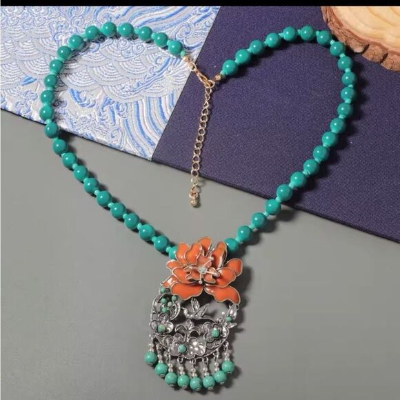 Jewelry - Floral Enamel Pendant Necklace with Turquoise Beads